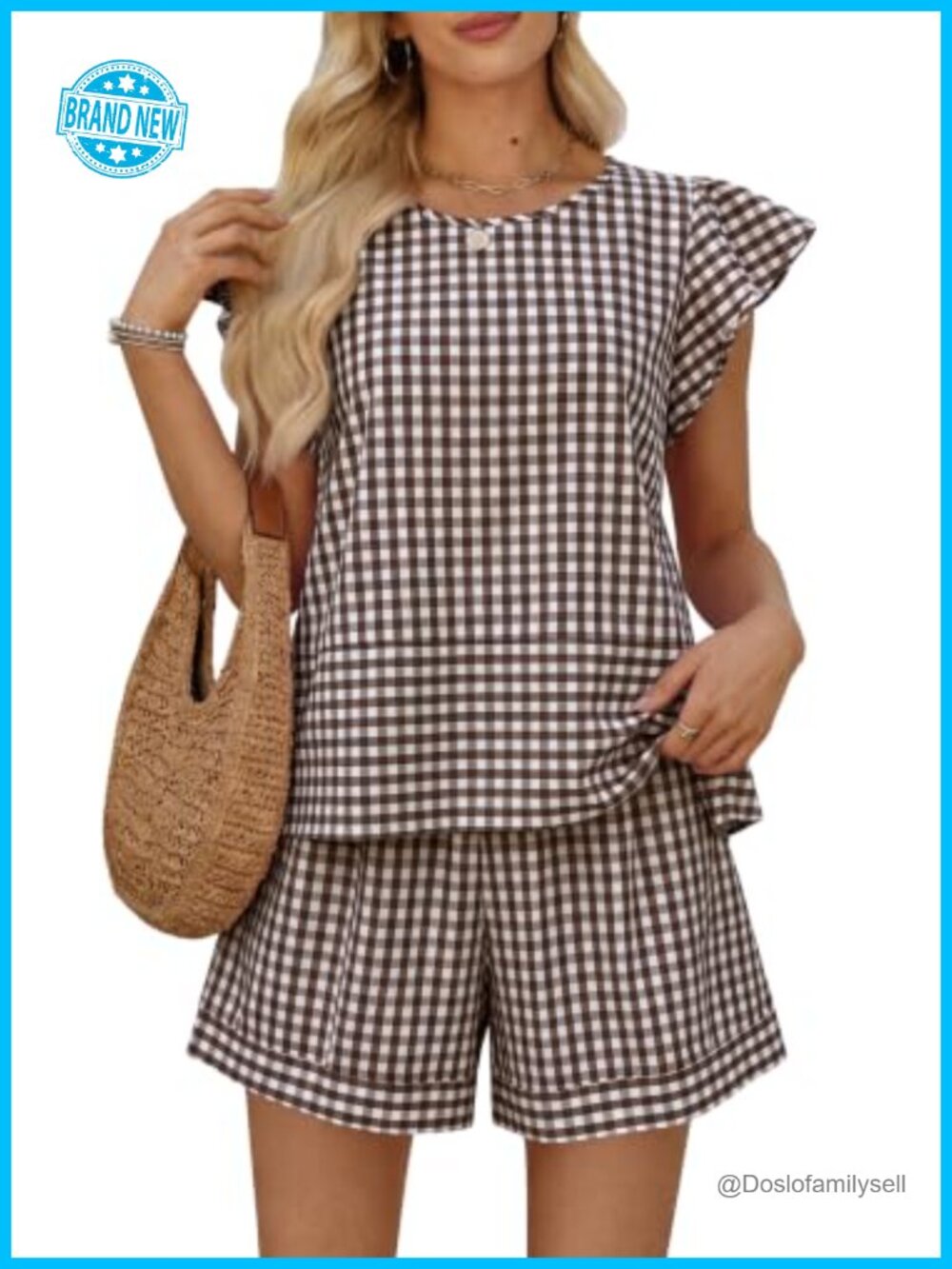 100% Cotton Ruffle Sleeve Gingham Shorts Set Relaxed Fit Summer Outfit